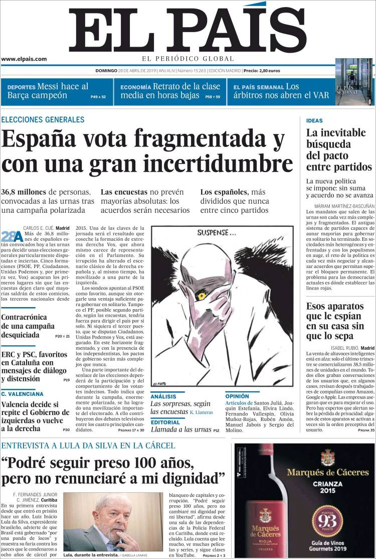 Portada de 'El País' del domingo 28 de abril