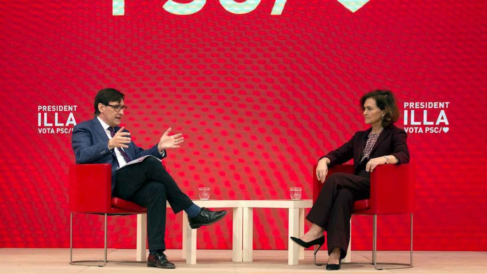 Salvador Illa con la vicepresidenta Calvo hoy en un acto de campaña / EFE