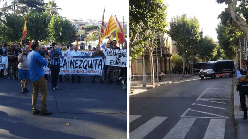 Imagen de la manifestación contra la mezquita y el cordón policial de los Mossos / CG