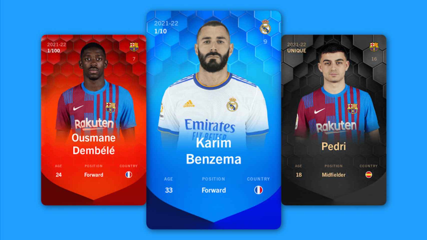 Tarjetas NFT con jugadores del Real Madrid y FC Barcelona