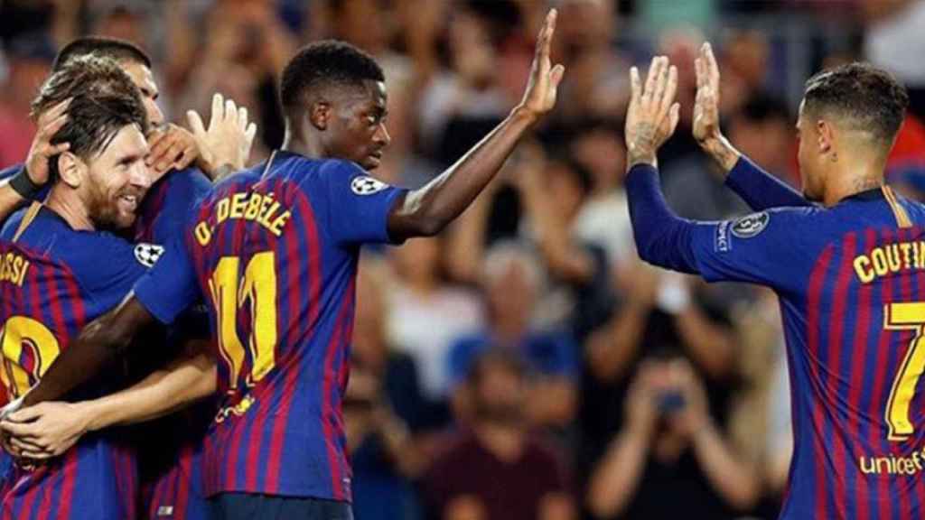 Messi, Dembelé y Coutinho se felicitan por un gol del Barça / INSTAGRAM