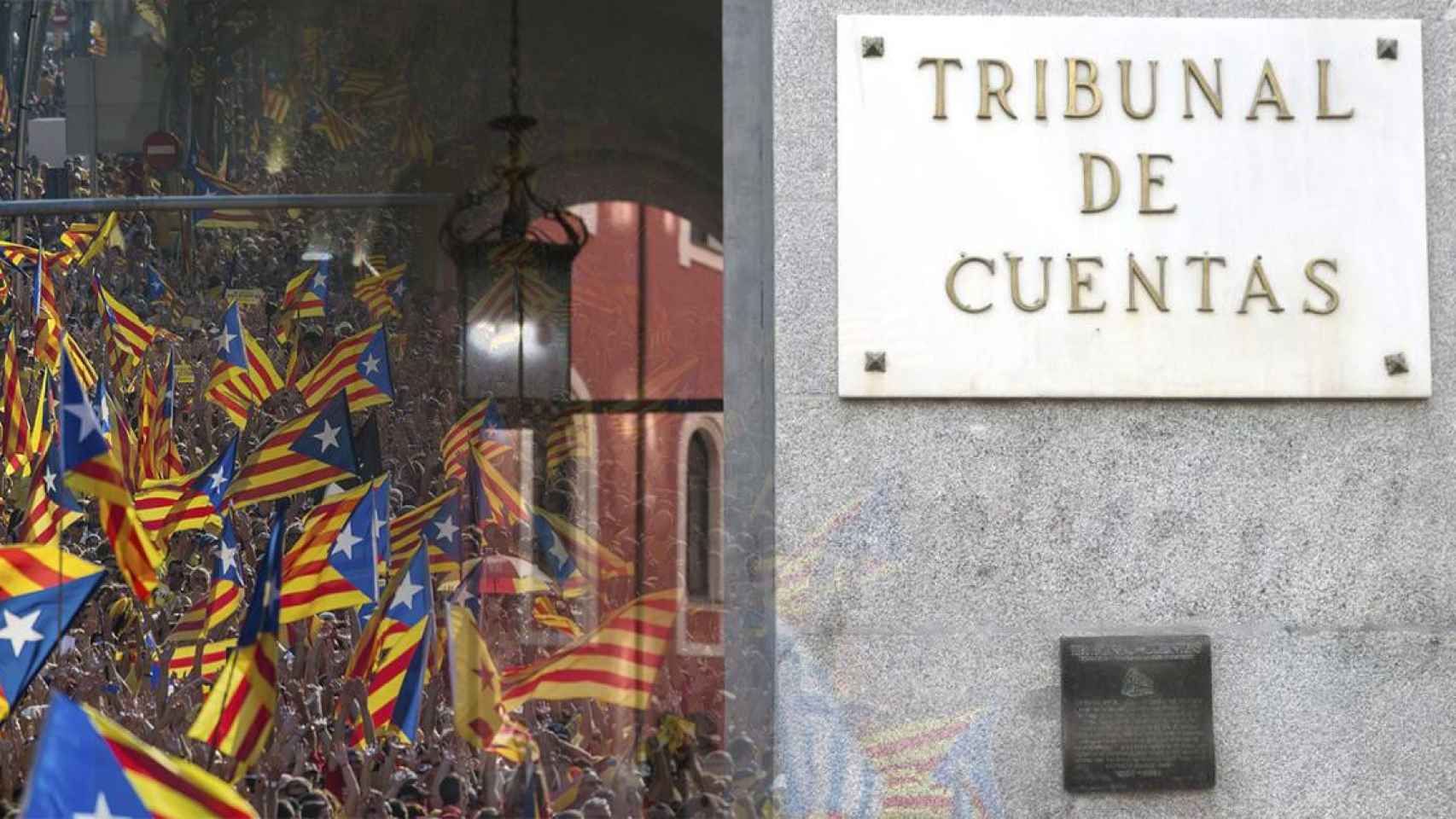 Una manifestación independentista y la sede del Tribunal de Cuentas. ICF / CG-Lena Prieto