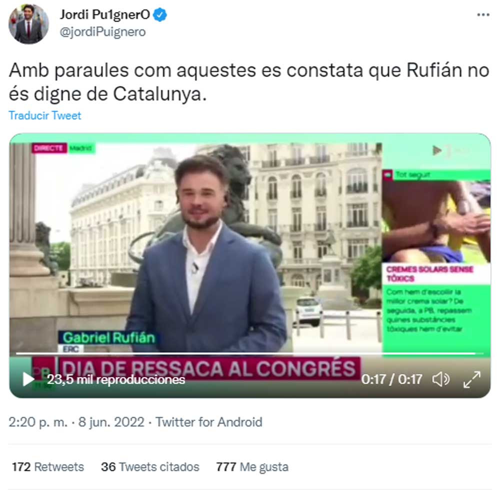 Jordi Puigneró (JxCat), diciendo que Rufián no es digno de Cataluña por haber llamado tarado a Puigdemont / TWITTER