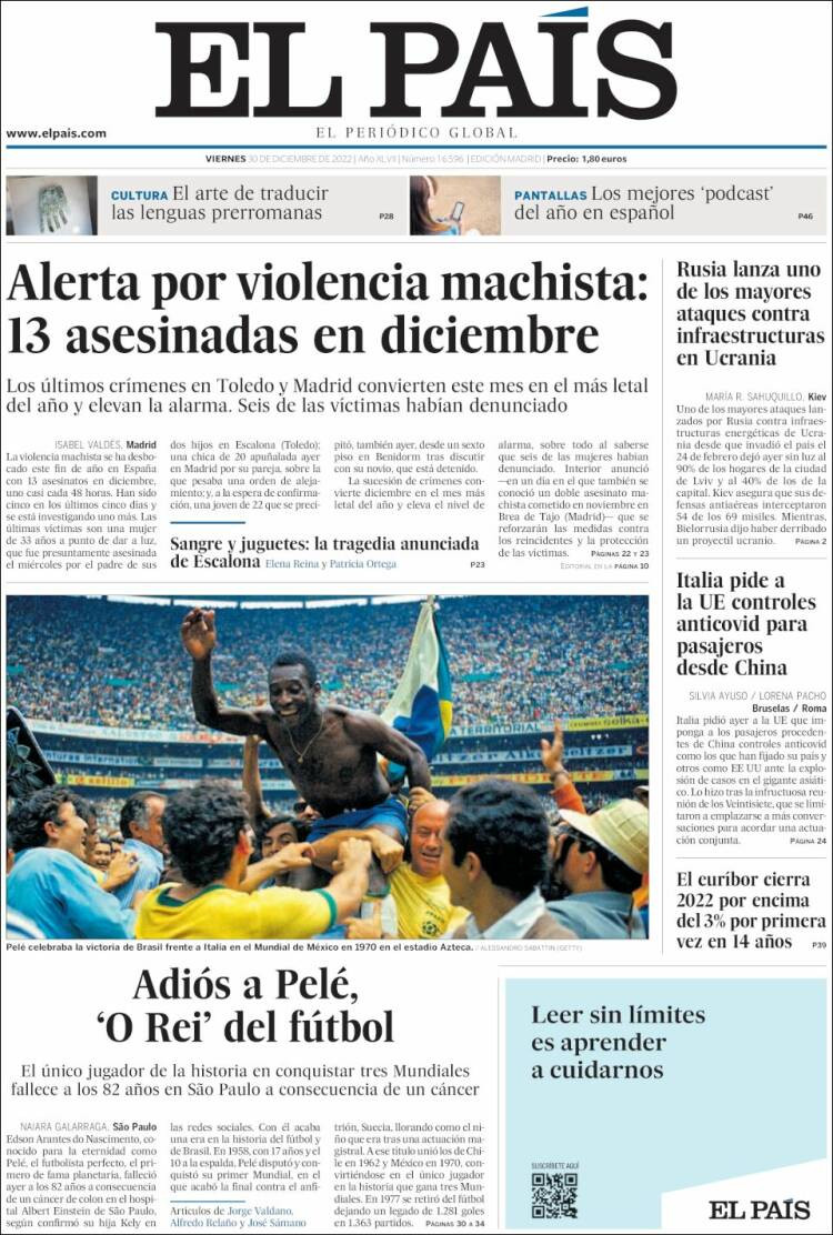 La portada de 'El País' del 30 de diciembre de 2022 / EL PAÍS