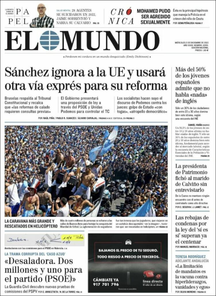 Portada de 'El Mundo' de 21 de diciembre / kiosko.net