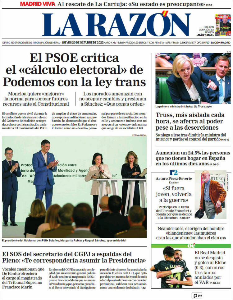 Portada de 'La Razón' de 20 de octubre de 2022 / KIOSKO.NET