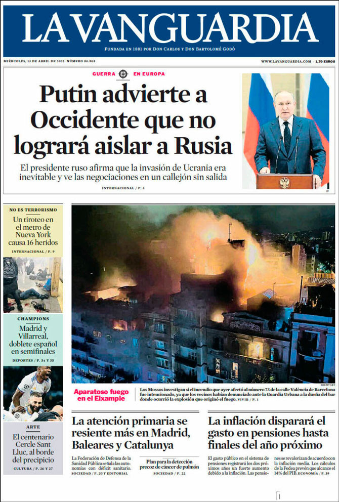 Portada de 'La Vanguardia' del 13 de abril de 2022 / Kiosko