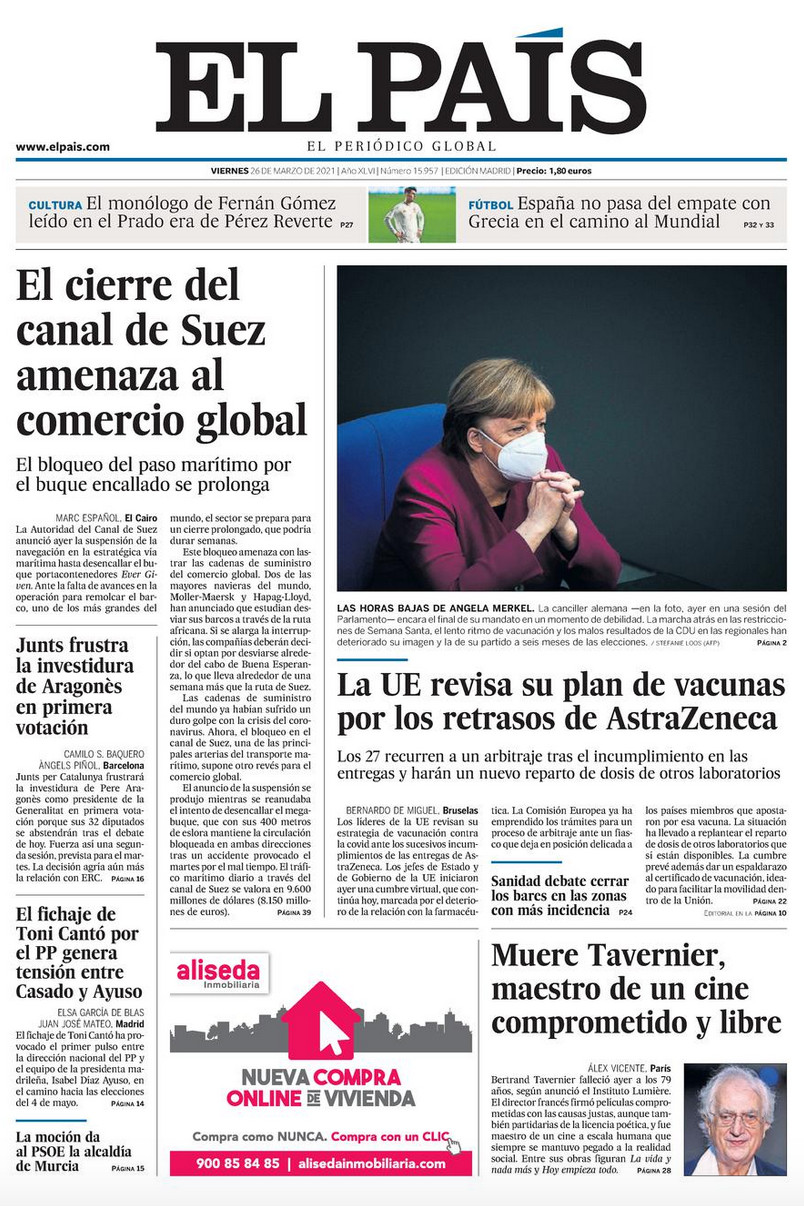 Portada de 'El País' del 26 de marzo de 2021 / EL PAÍS
