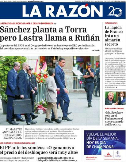 Portada de 'La Razón' del 22 de octubre de 2019 / KIOSKO