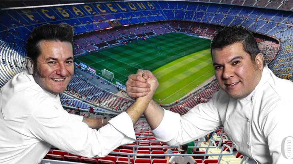 Los chefs de Espai Kru, Rafa Morales (izquierda) y Ever Cubillas (derecha) y el Camp Nou.