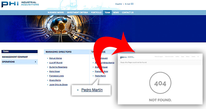 El nombre de Pedro Martín aún sigue en la web de PHI Industrial / FOTOMONTAJE DE CG