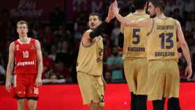 Laprovittola, Satoransky y Sanli, celebrando el triunfo en Múnich / FCB