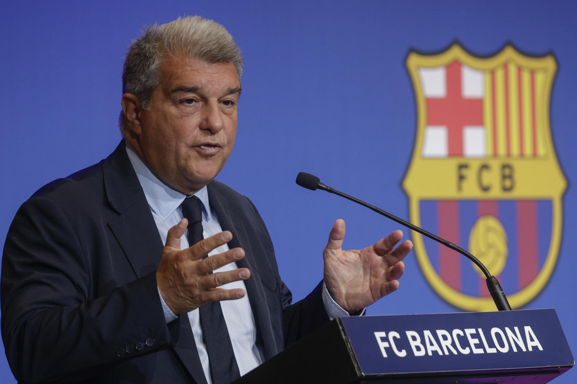 Joan Laporta, durante la rueda de prensa de financiación del Espai Barça / EFE