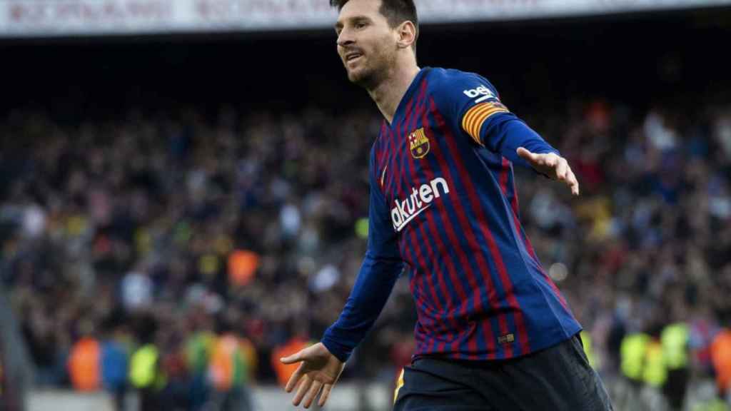 Una foto de Leo Messi celebrando uno de sus goles ante el RCD Espanyol / FCB