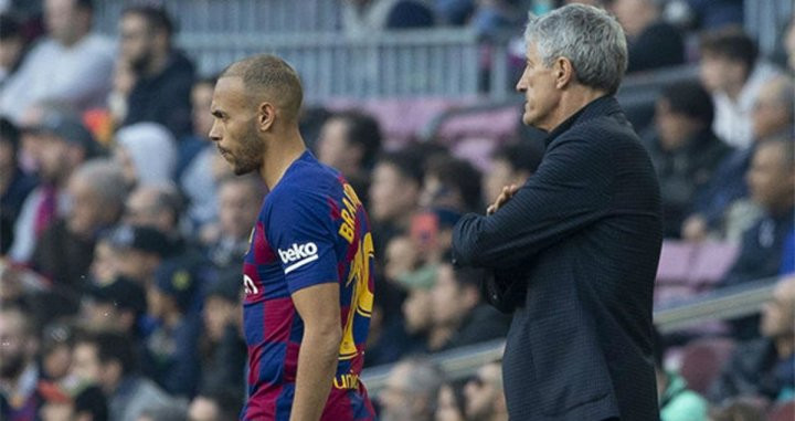 Setién, junto a Braithwaite en un partido en el Camp Nou | EFE