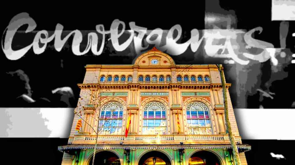 Fachada del Gran Teatre del Liceu y el antiguo logo de Convergència / FOTOMONTAJE DE CG