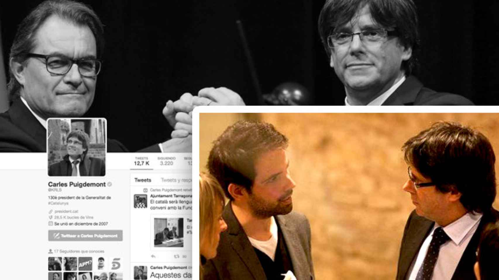 Aleix Clarió conversa con el presidente de la Generalitat, Carles Puigdemont, y la cuenta de Twitter del jefe del Ejecutivo catalán.