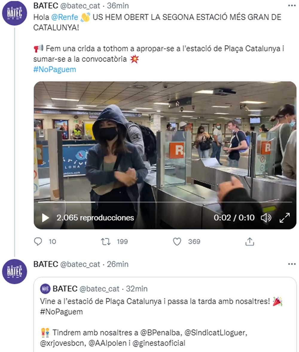 Batec, reivindicando el sabotaje a los tornos de Renfe en sus redes sociales / TWITTER