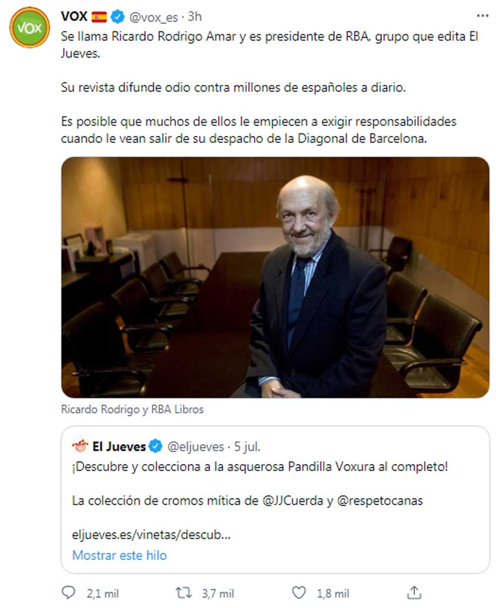 Vox, señalando públicamente al editor de la revista El Jueves / vox_es (TWITTER)