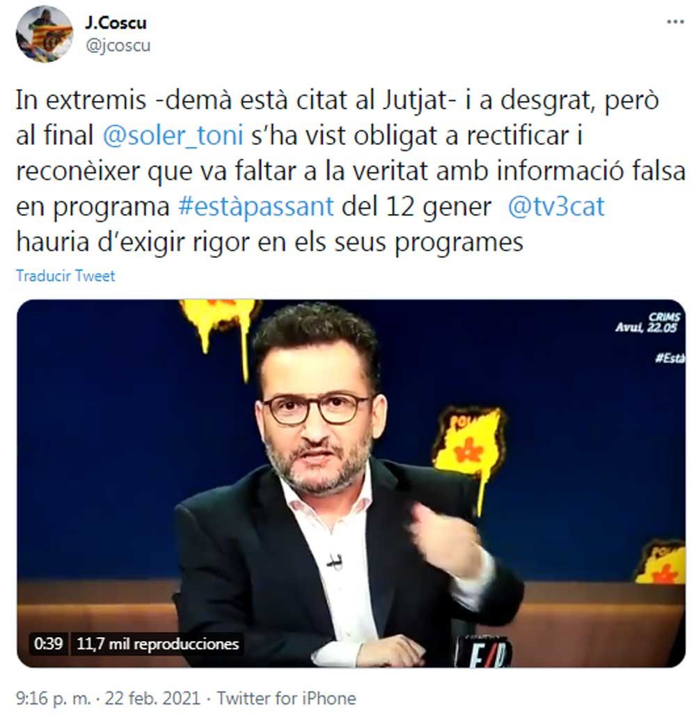 Joan Coscubiela, anunciando la rectificación de Toni Soler en TV3