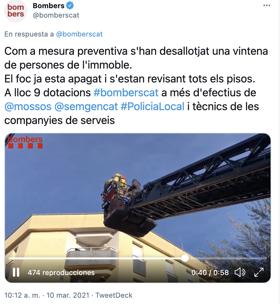 Tuit en el que se informa de que el incendio ya ha sido extinguido / BOMBERS