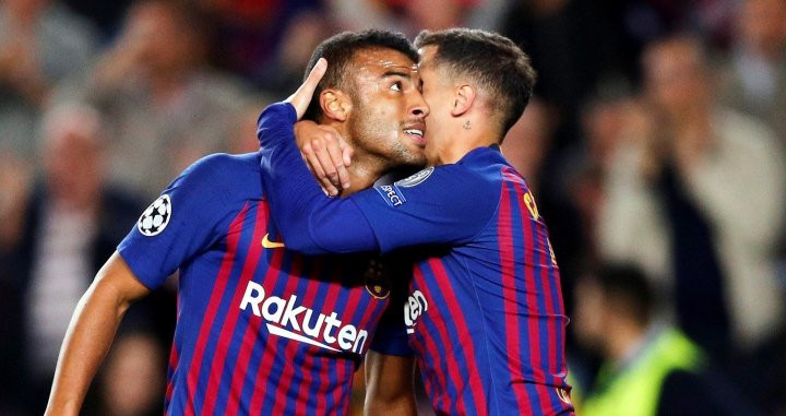 Rafinha y Coutinho celebran el primer gol del Barça contra el Inter / EFE