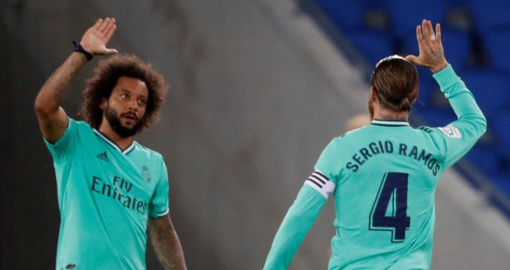 Marcelo y Sergio Ramos celebrando el primer gol del Real Madrid en Anoeta / EFE