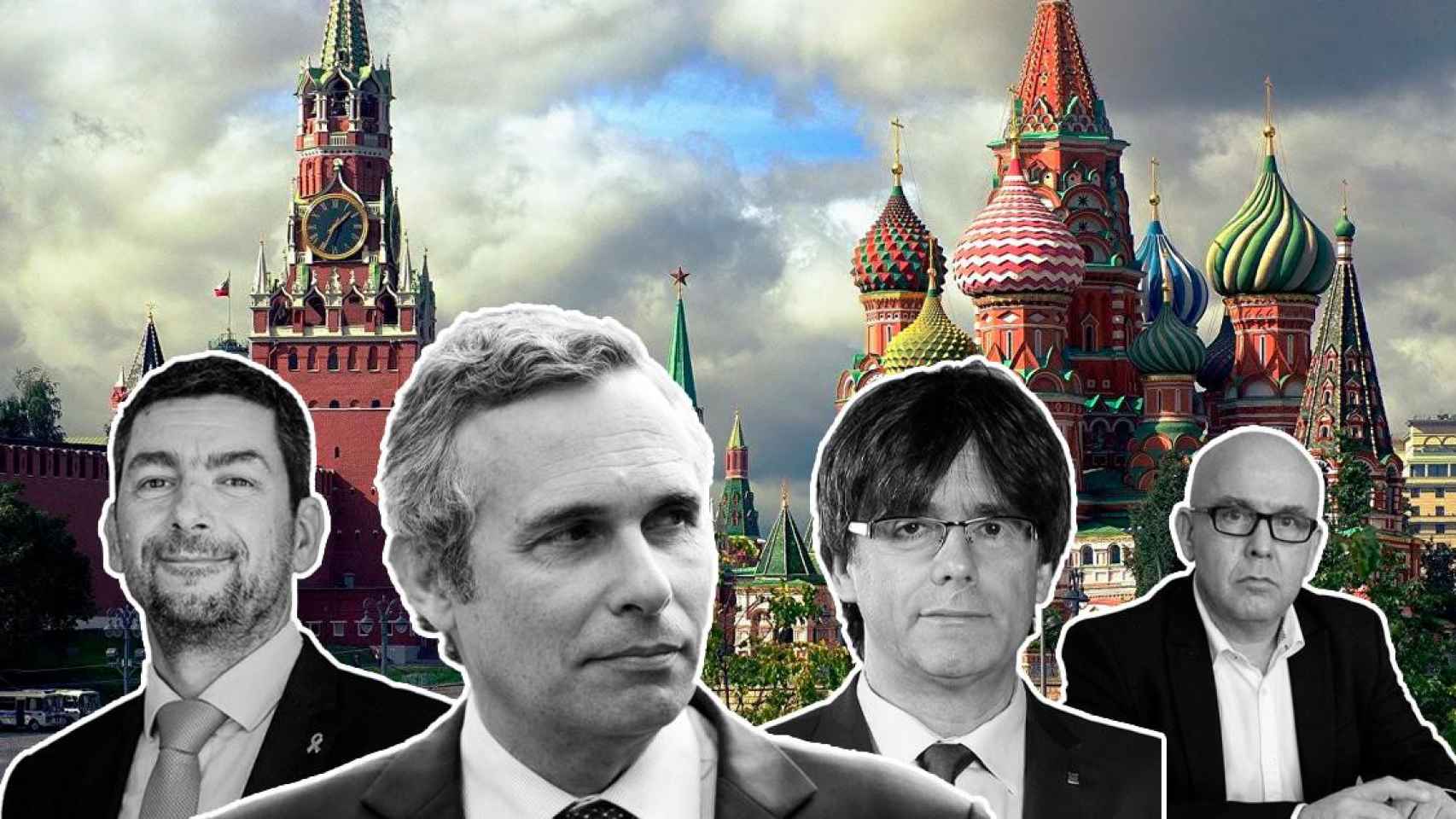 Gonzalo Boye, Josep Lluís Alay, Puigdemont y Joan Canadell junto al Kremlin