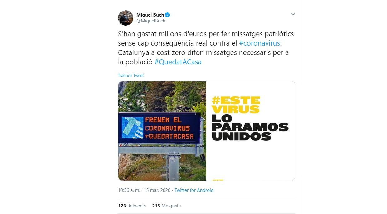 Tuit del consejero Buch contra la campaña el Gobierno para combatir el coronavirus / TWITTER