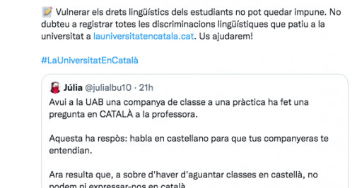 Tuit de Plataforma per la Llengua animando a la delación lingüística / TWITTER