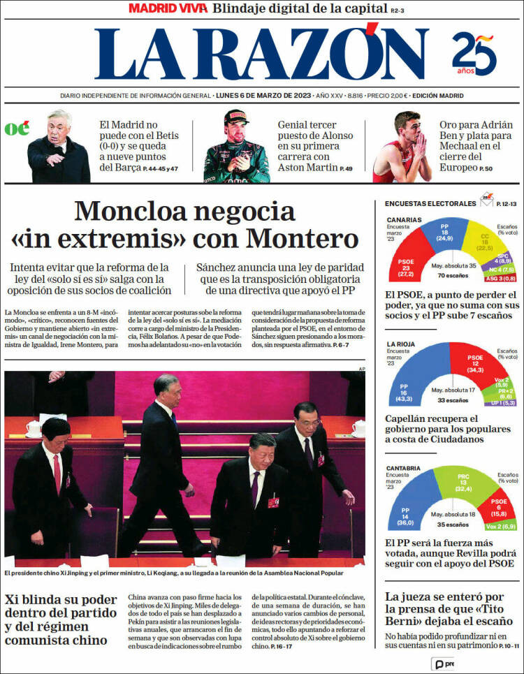 Portada de 'La Razón' de 6 de marzo de 2023 / KIOSKO.NET