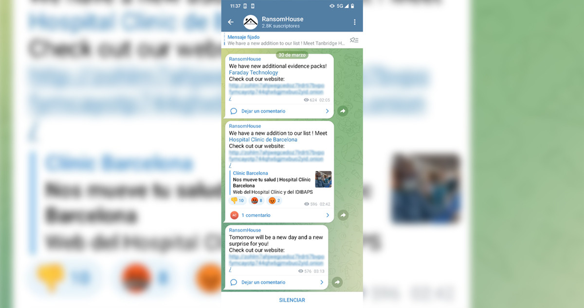 El canal de Telegram de Ransom House en el que han publicado un enlace que conduce a la dark web, donde se encuentra la información / REDES