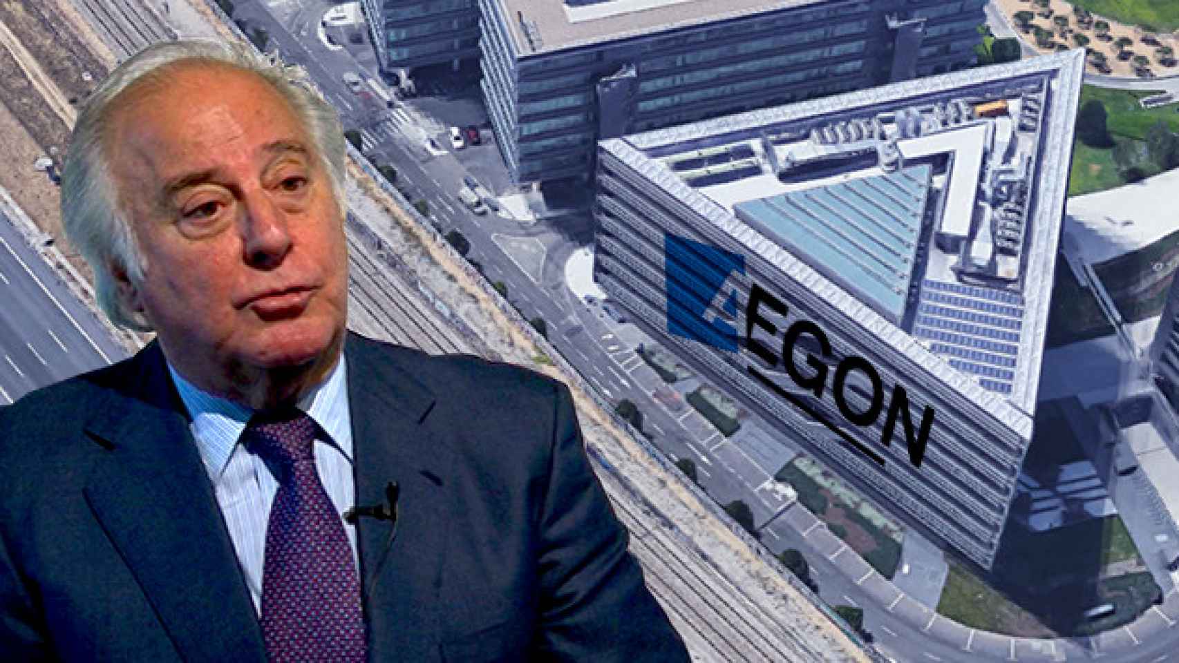 El presidente de Aegon España, Jesús Quintanal San Emeterio, y la sede de las oficinas de la aseguradora en Madrid / FOTOMONTAJE CG