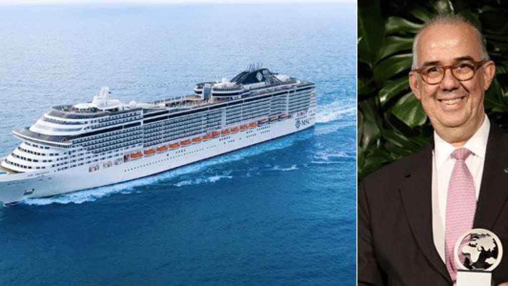 Emiliano González, director general de MSC Cruceros en España, y uno de los barcos del grupo, el MSC Preziosa