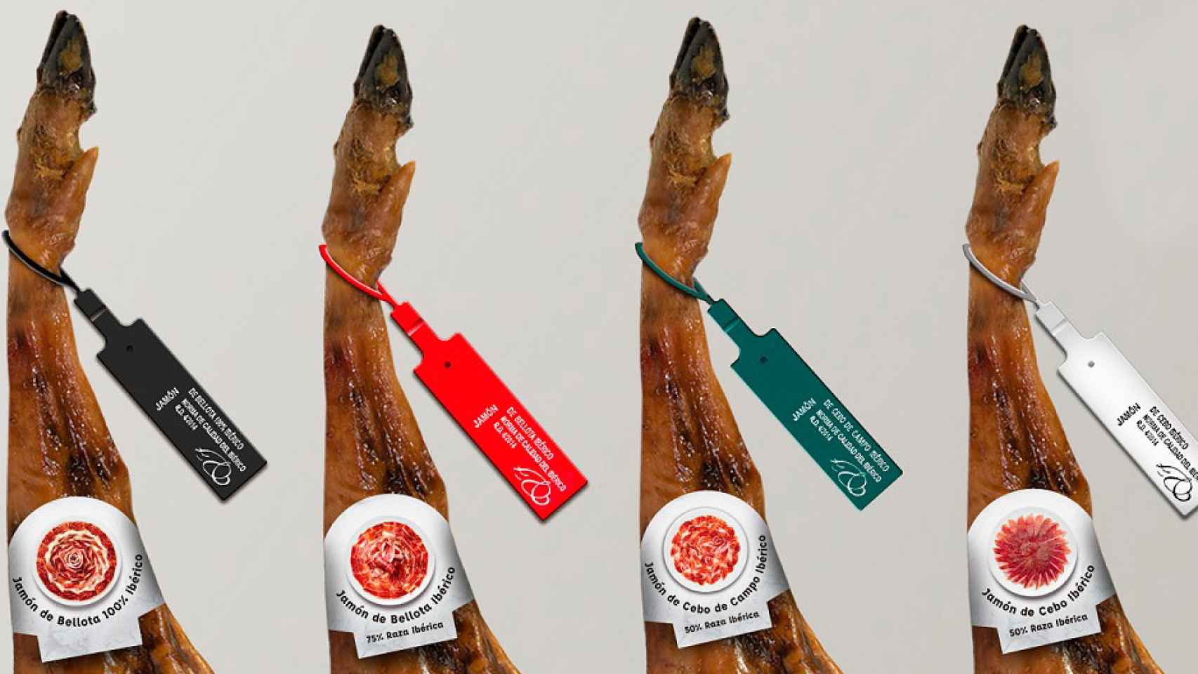 Los cuatro tipos diferentes de jamón ibérico, reconocibles según el color de su etiqueta