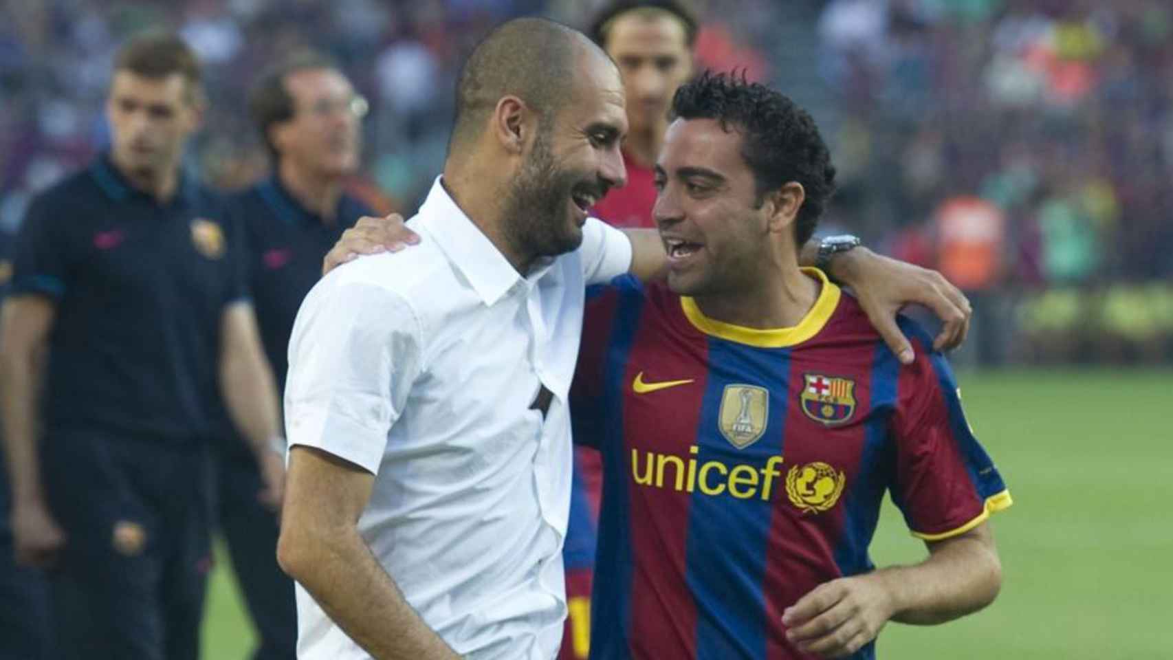 Xavi, celebrando un título con Pep Guardiola en el Barça / REDES