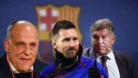 Javier Tebas, Leo Messi y Joan Laporta en un fotomontaje propio / CULEMANIA