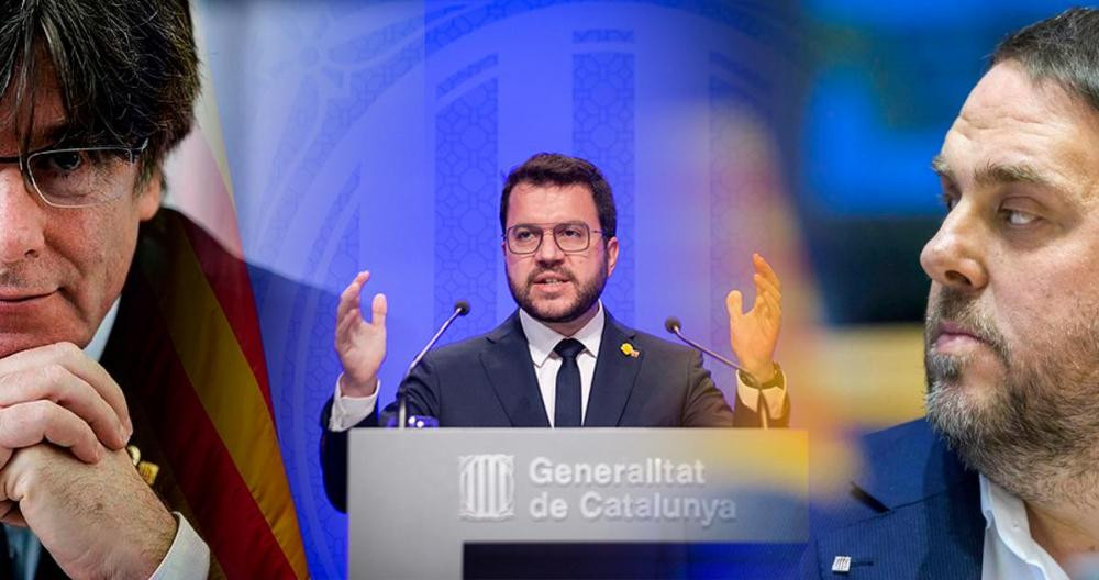 Pere Aragonès, entre Carles Puigdemont y Oriol Junqueras, en un fotomontaje