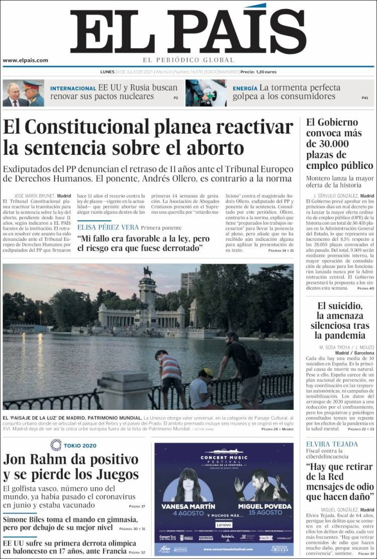 Portada de 'El País' del 26 de julio de 2021 / KIOSKO.NET