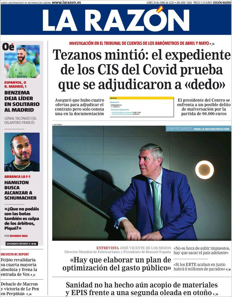 Portada de 'La Razón' del 29 de junio