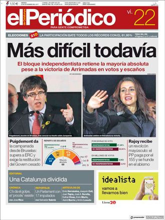 Portada de 'El Periódico' del 22 de diciembre de 2017 / CG