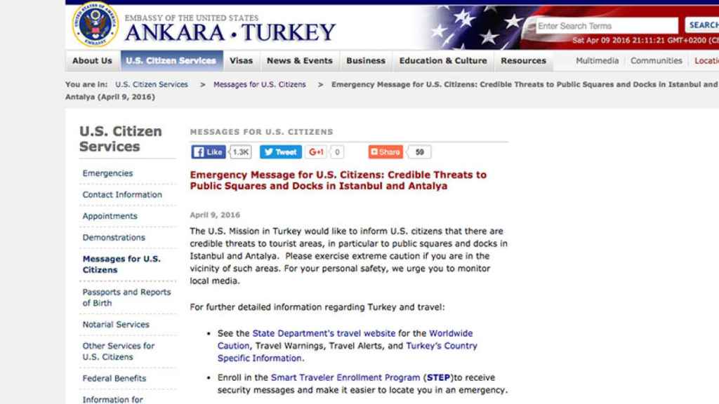 Web de la Embajada de Estados Unidos en Ankara con aviso de posibles atentados.