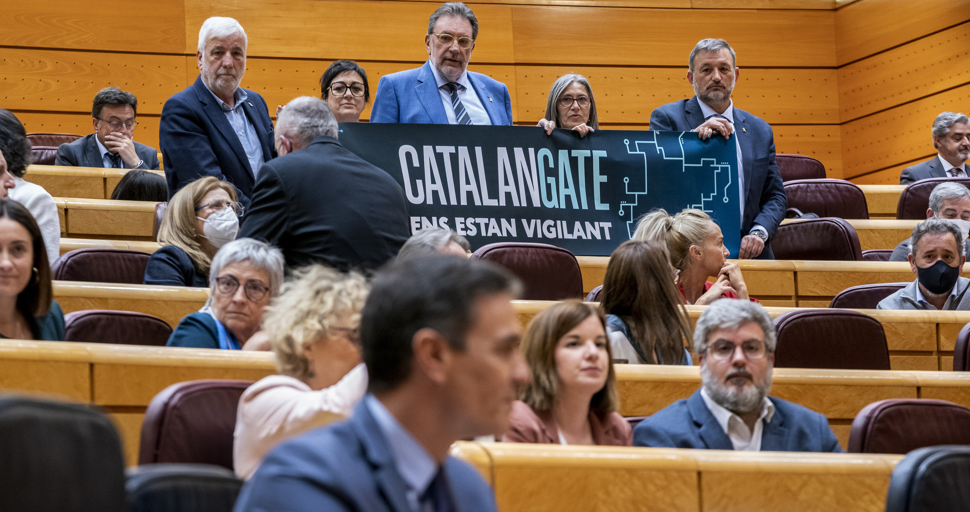 Los senadores de Junts per Catalunya (JxCat) con un cartel en el que se lee: 'Catalangate ens estan vigilant', en una sesión de control al Gobierno en el Senado / EP