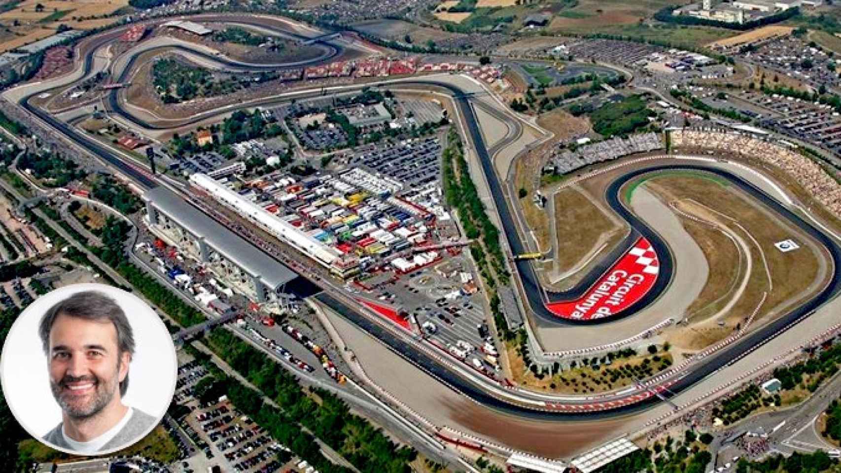 Joan Fontserè, director de Circuits de Catalunya junto a una imagen aérea de la pista  / FOTOMONTAJE DE CG