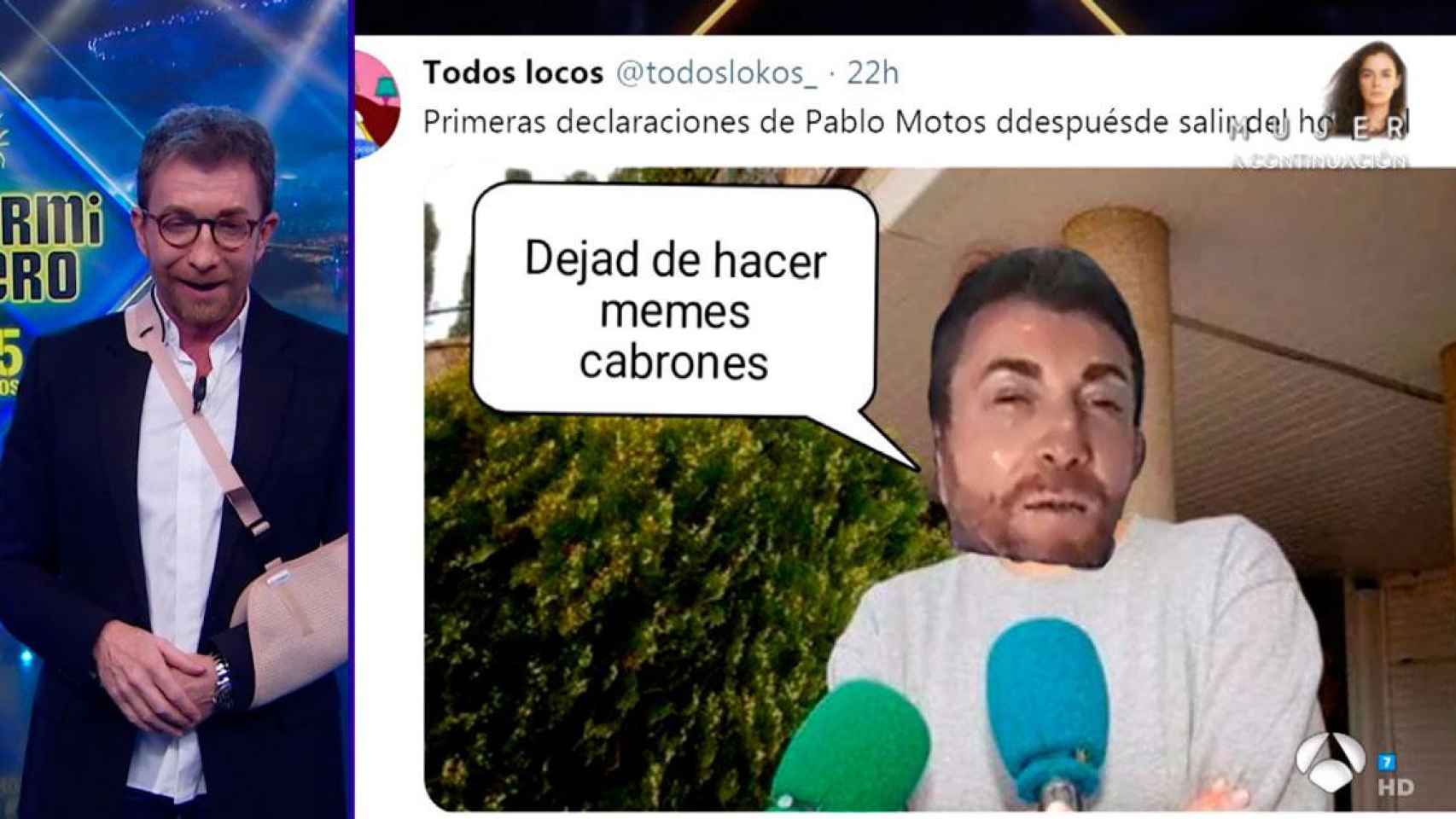 Imagen de Pablo Motos y uno de los memes /ANTENA 3