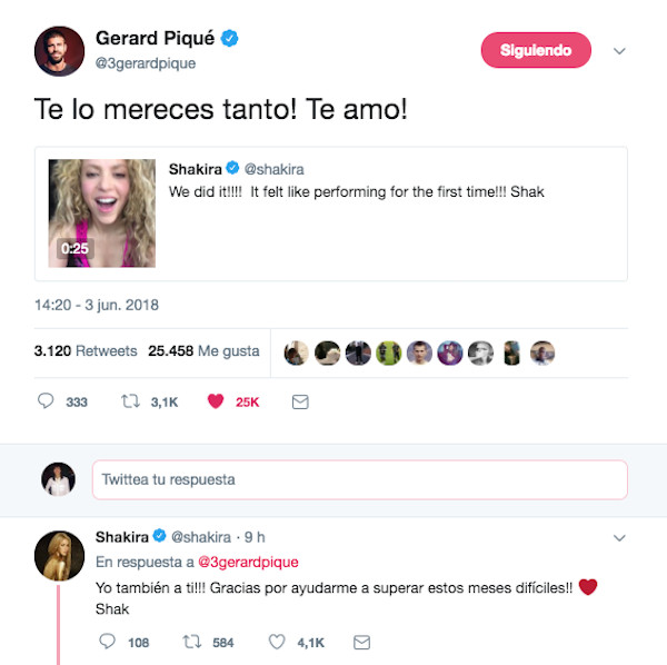 Una captura de pantalla de los tuits entre Shakira y Piqué / Twitter