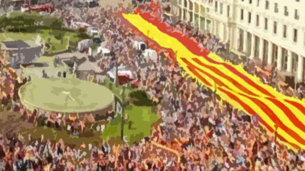 La plaza de Catalunya de Barcelona durante un 12 de octubre