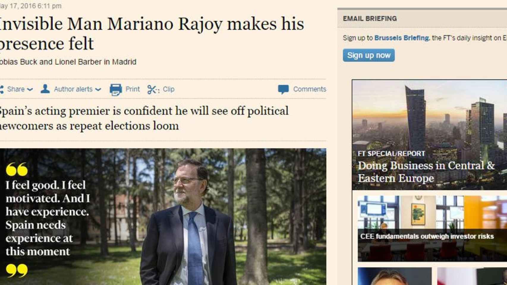 Mariano Rajoy, entrevistado en el 'Financial Times'.