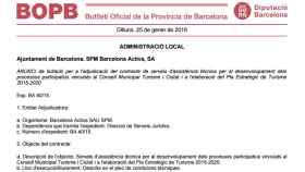 Anuncio de la licitación del proceso participativo del plan municipal de Barcelona en Turismo, publicado en el BOP del 25 de enero.