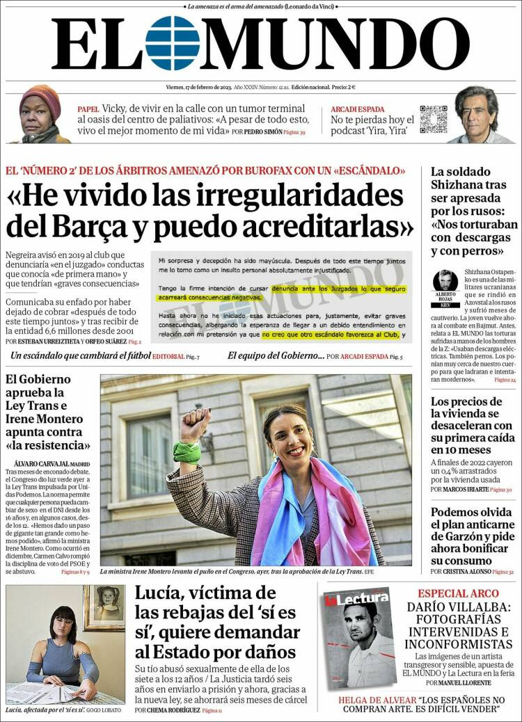 Portada de 'El Mundo' de 17 de febrero de 2023 